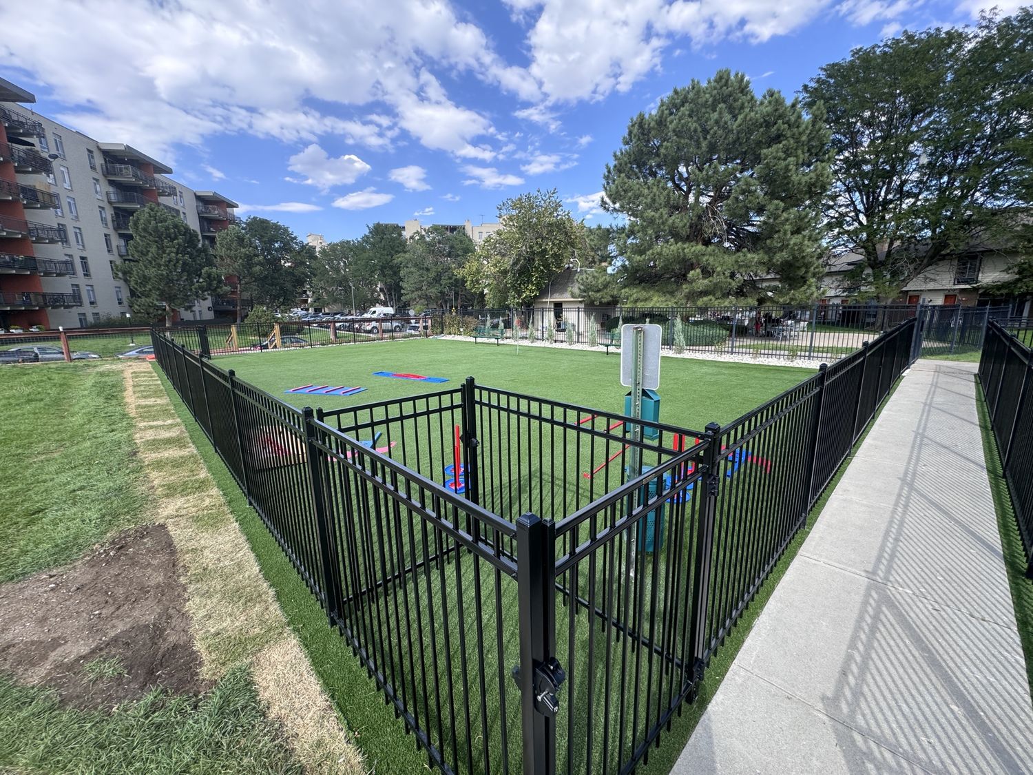 Fenced commercial dog park with green turf surrounded by black metal fence and apartment buildings